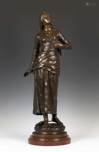 Edouard Drouot - Jeanne d'Arc, a late 19th century French brown patinated cast bronze full-length