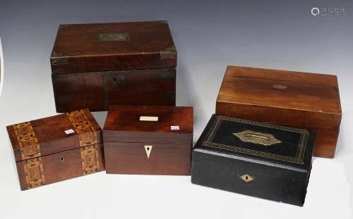 A Victorian walnut and brass bound writing slope, width 30cm, a Victorian walnut tea caddy with