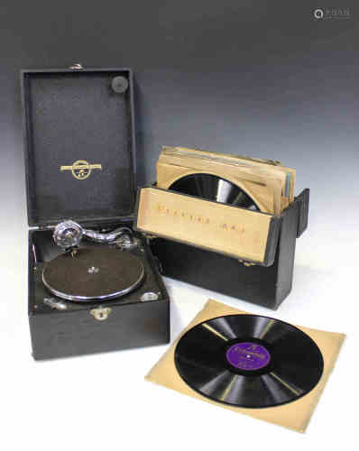A Columbia mechanical gramophone in a black leatherette case, length 40cm, together with a small
