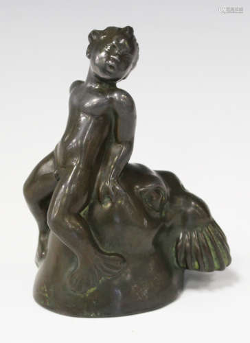 Just Anderson - an early 20th century Danish green patinated cast metal figure of an infant merman
