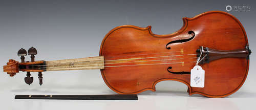 A group of four violins, comprising one bearing interior label detailed 'Sebastien Kloz An 1700',