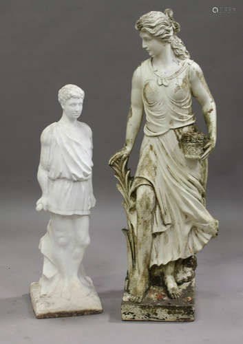 A cast composition garden figure of a standing classical man, height 89cm, together with another