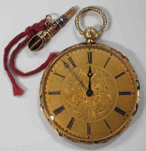 A gold and enamel cased keywind open-faced lady's fob watch, the gilt cylinder movement detailed '