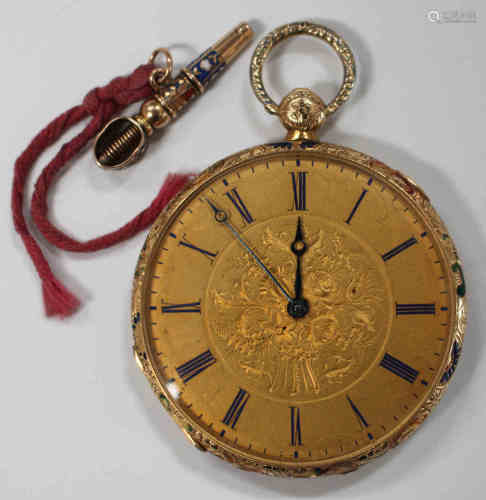 A gold and enamel cased keywind open-faced lady's fob watch, the gilt cylinder movement detailed '