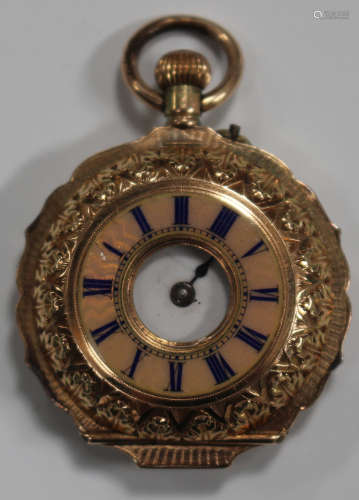 A gold and enamelled keyless wind half-hunting cased lady's fob watch with an unsigned jewelled