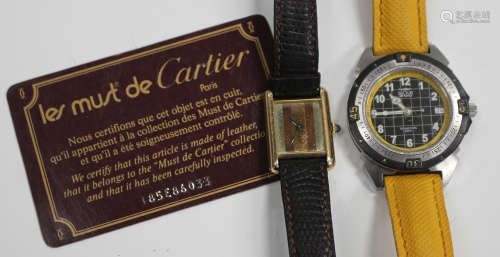 A Must de Cartier silver gilt rectangular cased lady's wristwatch, the signed three colour