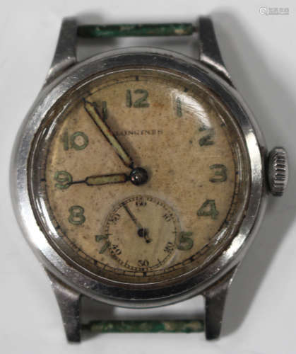 A Longines military style steel cased gentleman's wristwatch, circa 1945, the signed movement