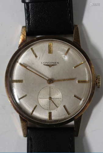 A Longines 9ct gold cased gentleman's wristwatch, the signed jewelled movement numbered '