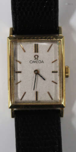 An Omega 18ct gold rectangular cased wristwatch, the signed jewelled circular movement numbered '