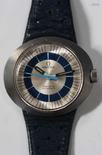 An Omega Dynamic steel oval cased lady's wristwatch, the signed silvered and blue dial with baton