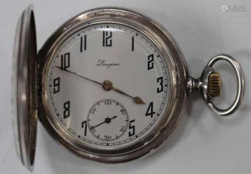 A Longines silver keyless wind hunting cased gentleman's pocket watch, with a signed jewelled