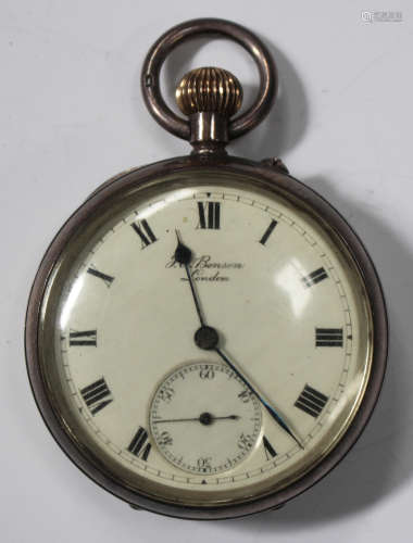 A J.W. Benson London silver cased keyless wind open-faced gentleman's pocket watch, the jewelled