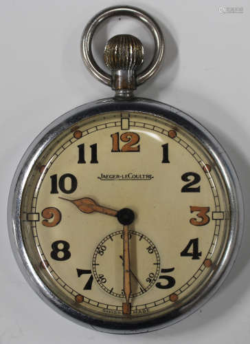 A Jaeger-LeCoultre chrome plated base metal cased MoD issue open-faced pocket watch with a gilt