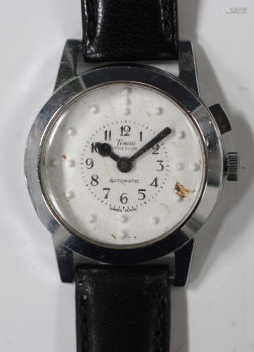 A Timor Time Guide Automatic braille stainless steel cased wristwatch, the signed white dial with