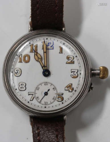 A silver circular cased gentleman's wristwatch, the jewelled movement numbered '98719', the enamel