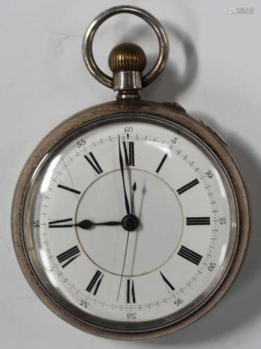 A silver cased keyless wind open-faced gentleman's pocket watch, the gilt three-quarter plate
