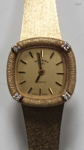 A Rotary Quartz 9ct gold and diamond set lady's wristwatch, the signed curved square gilt dial