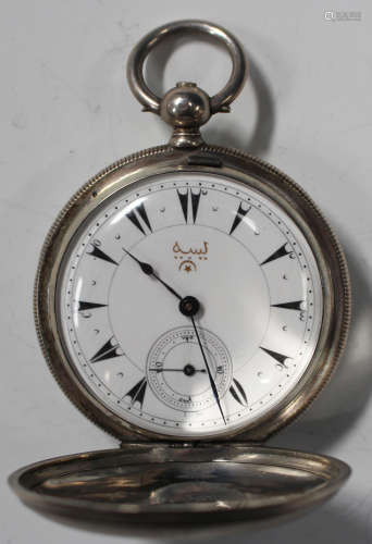 A Turkish market keywind hunting cased gentleman's pocket watch with a gilt jewelled three-quarter