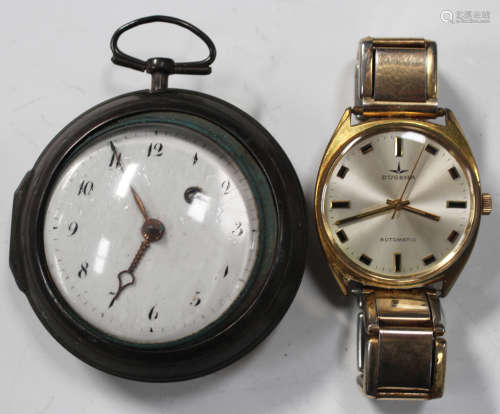 A European front keywind open-faced gentleman's twin cased pocket watch with an unsigned gilt