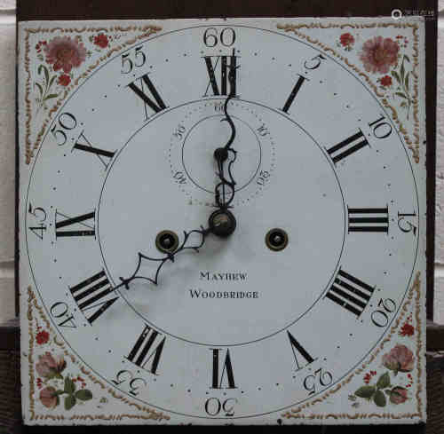 A George III oak longcase clock with eight day movement striking on a bell, the painted square