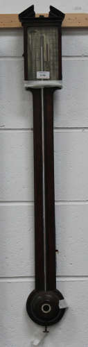 A George III mahogany stick barometer, the silvered rectangular dial with vernier scale, mercury