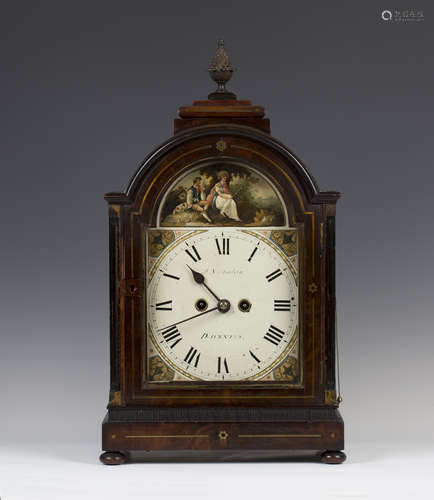 A Regency brass inlaid mahogany bracket clock, the eight day twin fusee movement striking on a