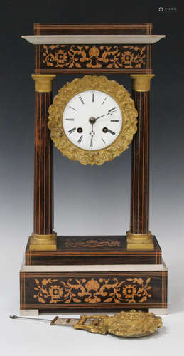 A 19th century and later French rosewood portico mantel clock with eight day movement striking on