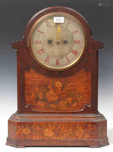 A Victorian walnut and marquetry inlaid mantel clock with eight day twin fusee movement striking