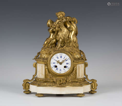 A late 19th century French ormolu and white marble mantel clock with eight day movement striking