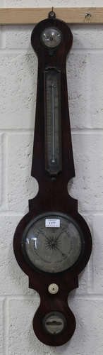 A 19th century figured mahogany wheel barometer of small proportions, with mercury thermometer,