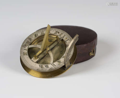 A 19th century lacquered and silvered brass pocket sundial compass, the folding gnomon and