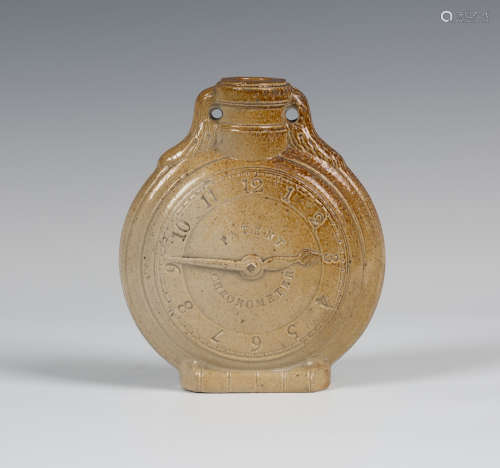 An unusual Fulham Pottery stoneware flask, 19th century, of flattened circular form, a clock face to