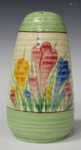 A Clarice Cliff Spring Crocus pattern sugar caster of ribbed tapering ovoid shape, black printed