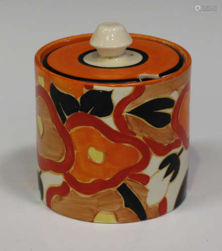 A Clarice Cliff Bizarre Orange Chintz pattern cylindrical preserve pot and cover, black printed mark