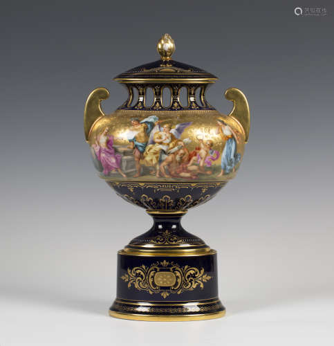 A 'Vienna' porcelain blue ground potpourri vase and cover, early 20th century, the flattened bulbous