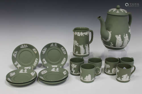 A Wedgwood green jasperware part coffee service, ornamented in white with classical figures,