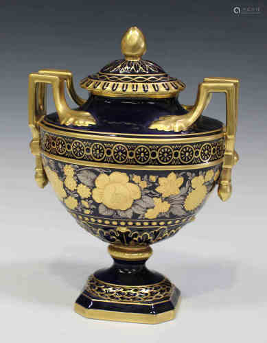 A Hutschenreuther Dresden porcelain two-handled vase and cover, 20th century, gilt and silvered