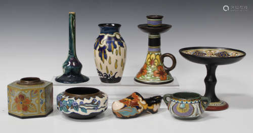 A small group of Gouda pottery, late 19th century and later, including a two-handled diminutive
