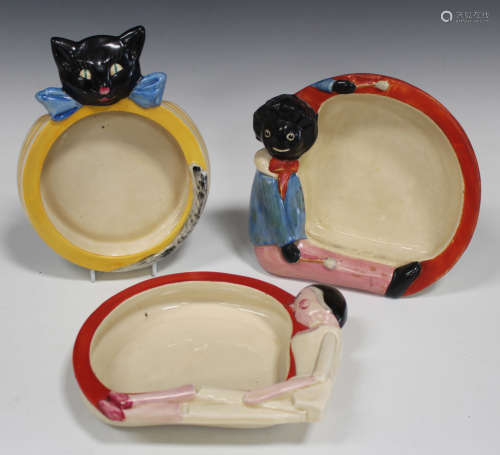 Three A.J. Wilkinson Ltd Joan Shorter Kiddies Ware baby bowls, each rim moulded with a different