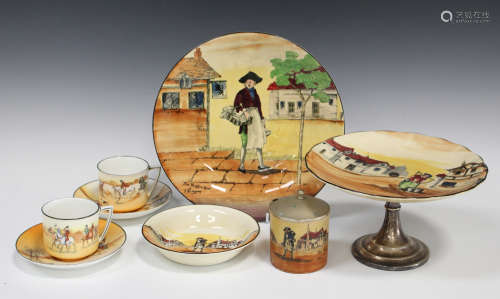 A small group of A.J. Wilkinson Ltd London Cries pattern wares, including a tazza, plate, bowl and
