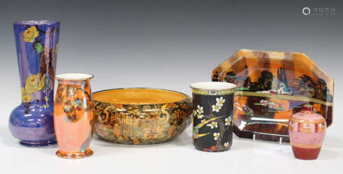 A mixed group of mostly Art Deco decorative lustre ware ceramics, including a Newport pottery