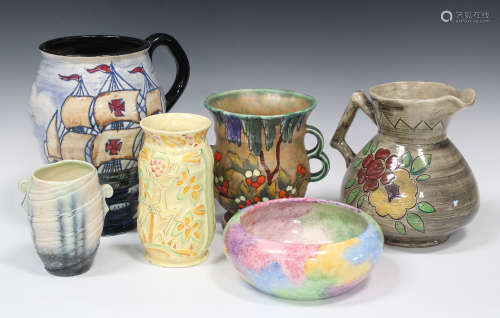 A mixed group of decorative ceramics, 1930s, including a Crown Devon Fieldings two-handled vase,