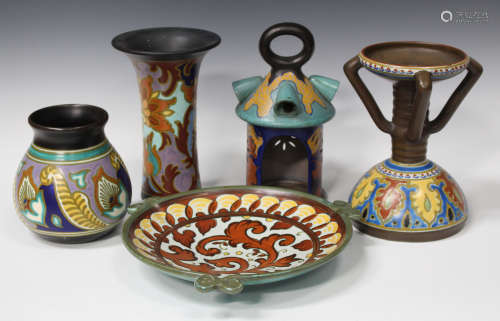 Five pieces of Gouda pottery, late 19th century and later, comprising a Tiny pattern lantern, a Emmy