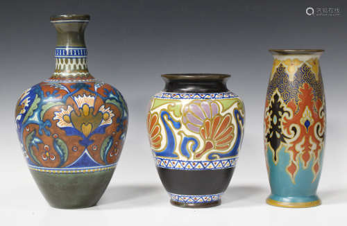 Three Gouda pottery vases, late 19th century and later, comprising a Purdah pattern tapering