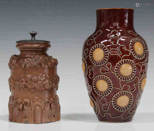 A Doulton Lambeth stoneware vase, dated 1896, the high shouldered brown glazed body relief moulded