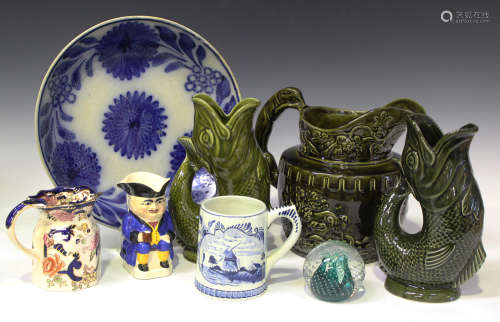A collection of assorted ceramics and glass, including two Dartmouth green glazed gurgling