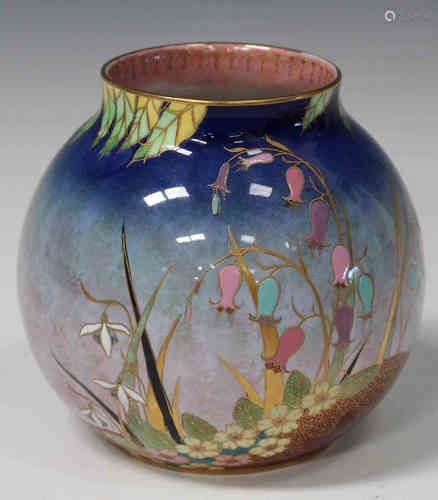 A Carlton Ware Bluebells pattern lustre globular vase, pattern No. '3872', black printed, painted