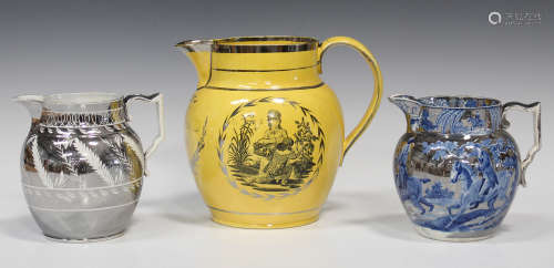 A canary yellow ground silver lustre decorated jug, probably Welsh, dated 1810, printed in black
