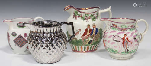 Four English pottery lustre jugs, circa 1810-20, comprising a pineapple moulded example with overall