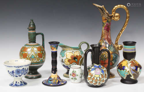 A small group of mostly Gouda pottery, late 19th/early 20th century, including a Corona pattern